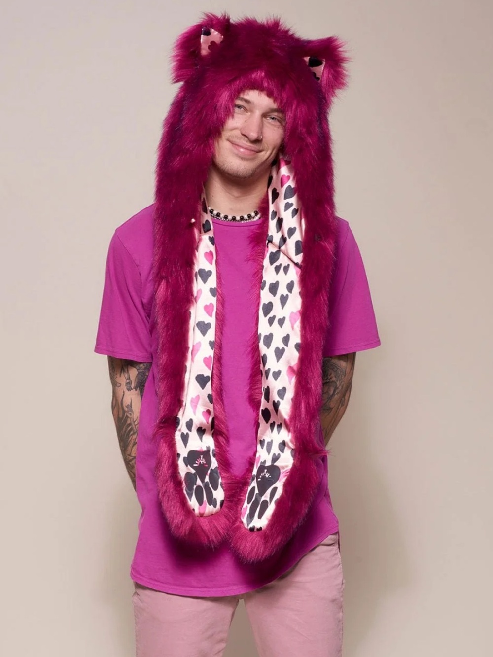SpiritHoods Magenta Faux Fur Animal Hood with Heart-Lined Ear Flaps